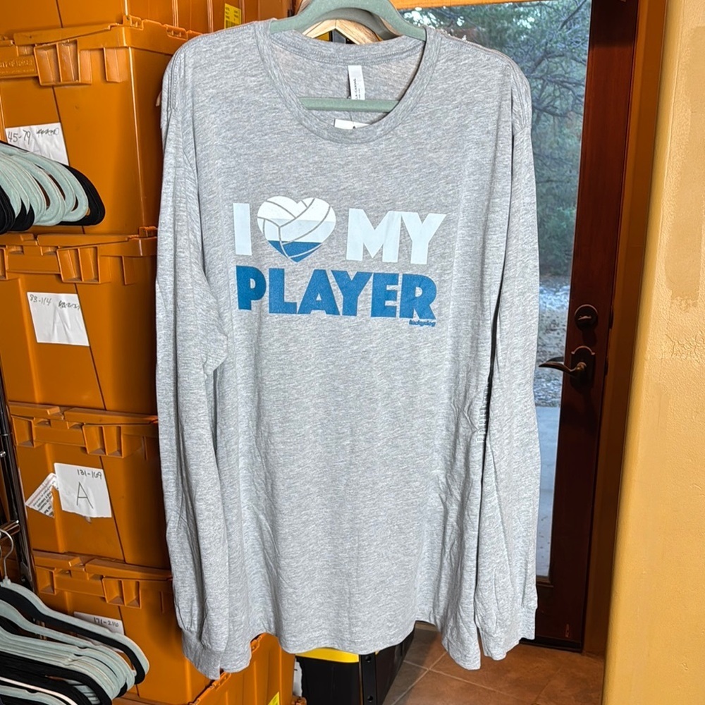 NWT Bella Canvas Gray Long Sleeve Volleyball Shirt I ❤️ My Player Size Various